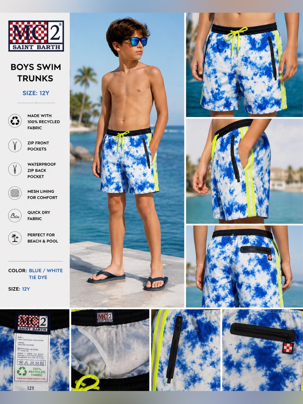 MC2 Saint Barth Boys Tie Dye Swim Trunks Blue Neon Yellow Size 12Y Designer